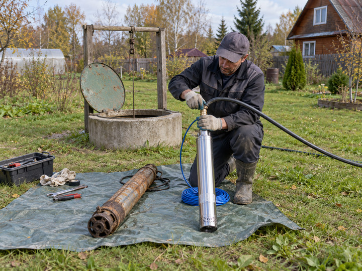 Замена насоса: старый насос поднят из колодца, новый готовят к подключению
